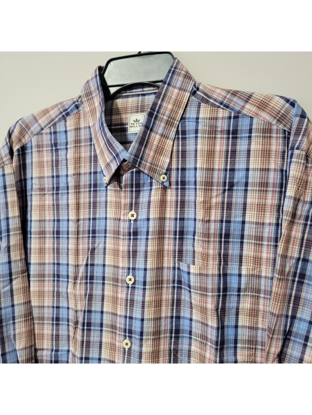 Peter Millar Button Up Shirt Mens XL Blue Brown Plaid Cotton Long Sleeve Casual